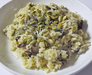 Mushroom Risotto with Parmesan, Oregano and Roast Pumpkin Seeds -- yummy food on the low oxalate diet!