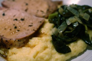 southern-style low oxalate greens with pork roast and creamy mashed cauliflower 